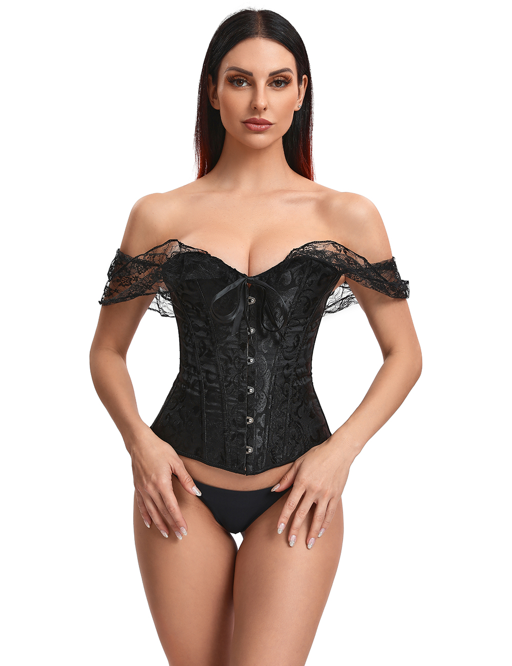 Elegant Black Off-Shoulder Lace Victorian Corset With Panties by My Secret Drawer® mysecretdrawer.com